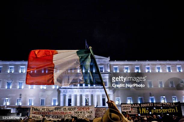 People gather outside the Hellenic Parliament showing their support to current government's negotiations with international lenders and protesting...