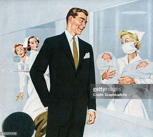 Vintage illustration of a proud father being shown his newborn twins by a nurse at the hospital maternity ward; screen print, 1952.