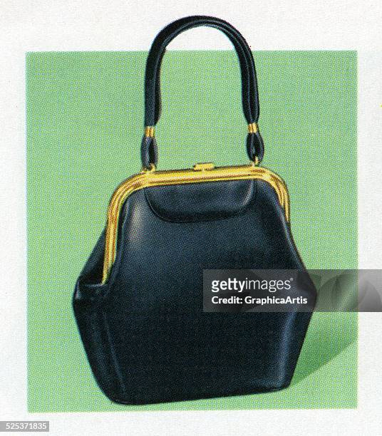 Vintage illustration of a 1950s patent leather purse; screen print, 1958.