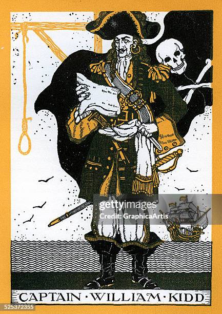 Portrait of Captain William Kidd, with a skull and crossbones pirate flag and a hangman's noose. Kidd was executed after a trial for piracy before...