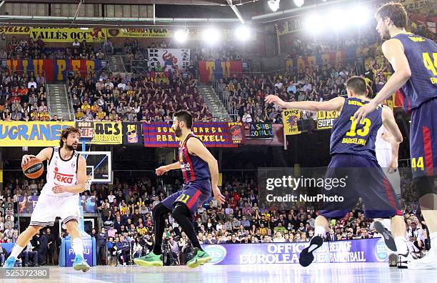 April 02- SPAIN: Sergio Llull and Juan Carlos Navarro in the match between FC Barcelona and Real Madrid, for the week 13 of the top 16 of the...