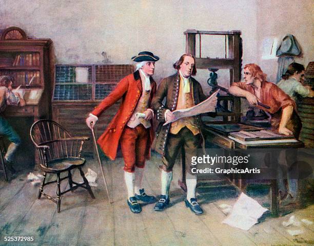 Benjamin Franklin and associates at Franklin's printing press in 1732; screen print, 1954.