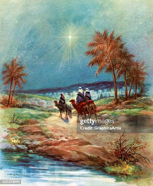 Vintage illustration of the Three Magi following the North Star towards Bethlehem; screen print, 1940s-1950s.