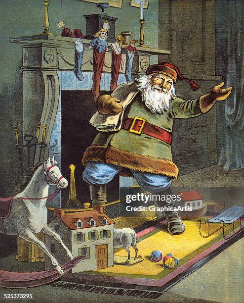 Vintage illustration from the poem 'The Night Before Christmas, or a Visit from St Nicholas' of Santa delivering toys on Christmas Eve; color...