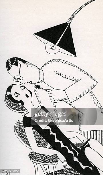 Vintage illustration of an anxious 1920s flapper sitting in a dentist chair; black and white print by Anne Harriet Fish, 1927.