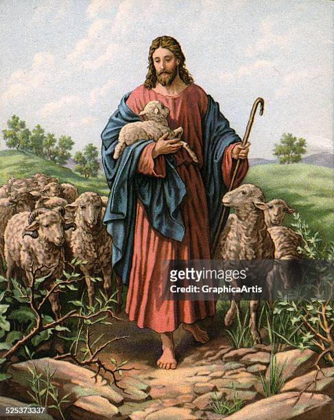 Vintage illustration of The Good Shepherd with Jesus holding a lamb; lithograph, 1930s.