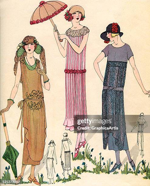 Vintage 1920s illustration of three models posing with flapper fashions; lithograph, 1922.