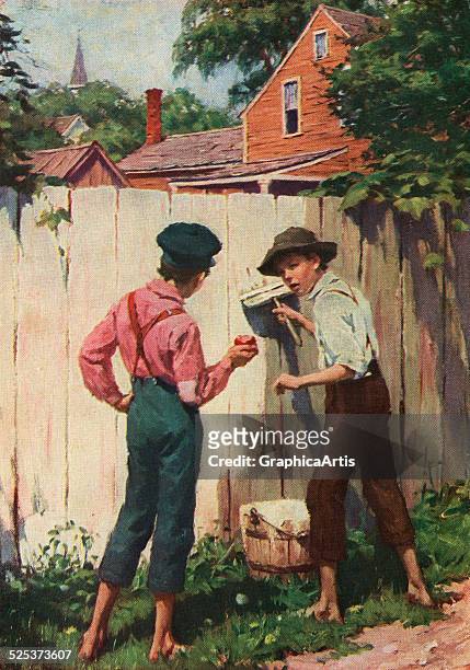 Vintage illustration of Mark Twain character Tom Sawyer whitewashing a fence; screen print, 1910.