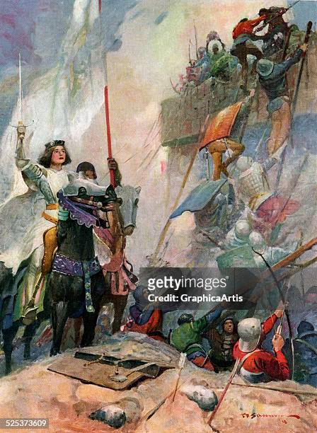 Vintage illustration of Joan of Arc in battle at the Siege of Orleans; screen print by Frank E Schoonover, 1918.