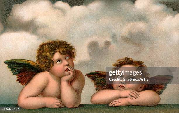 Vintage illustration of two cherubic winged angels after Raphael's Sistine Madonna; chromolithograph, circa 1910.