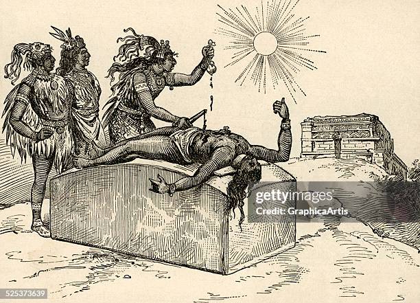 Vintage illustration of an Aztec priest removing the heart of a victim as a sacrifice to the gods; engraving, 1889.