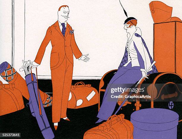 Vintage illustration of a wealthy couple with their travel luggage and golf clubs leaving for a vacation; lithograph, 1910.