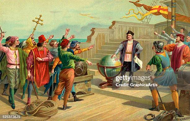Vintage illustration of Christopher Columbus on the deck of the Santa Maria in 1492; chromolithograph, 1904.