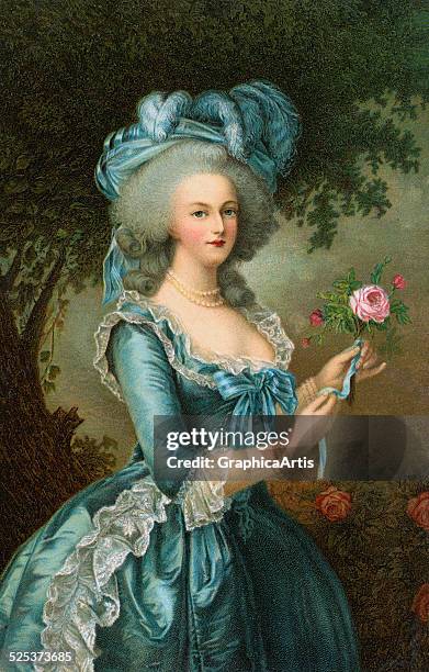 Vintage Illustration of Marie Antoinette with a rose, after the painting by Elisabeth Vigee-Lebrun; chromolithograph, 1906.