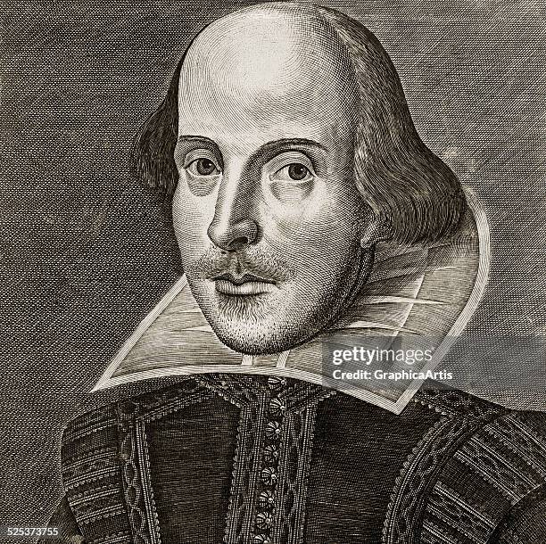 Portrait of William Shakespeare from the title page of the First Folio of Shakespeare's plays; copper engraving by Martin Droeshout, 1623. One of the...