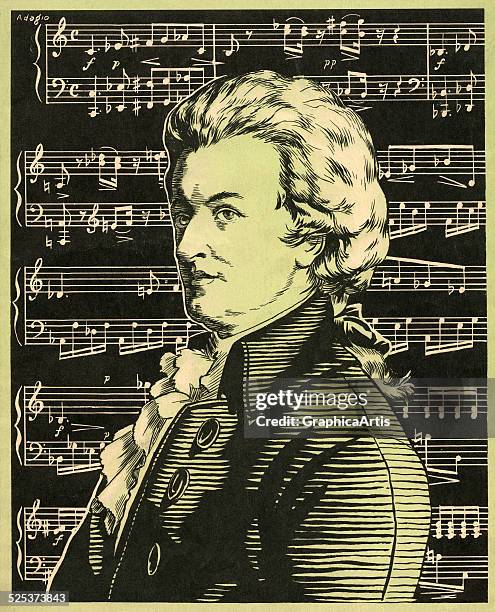 Vintage illustration of Wolfgang Amadeus Mozart in profile, in front of a musical score; woodcut, 1941.