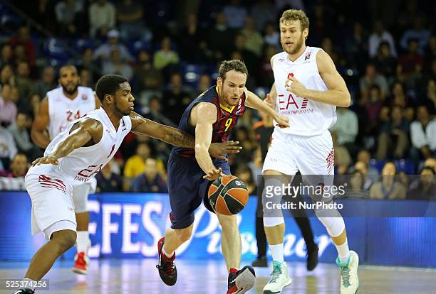 November- SPAIN: Marcelinho Huertas, Joe Ragland and Nicolo Melli in the match between FC Barcelona and Emporio Armani, for the week 7 of the...