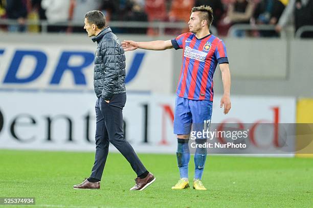 Costantin Galca and Alin Tosca of FCSB and Valentin Sinescu at the end of the Liga I game between FC Steaua Bucharest ROU and FC Petrolul Ploiesti...