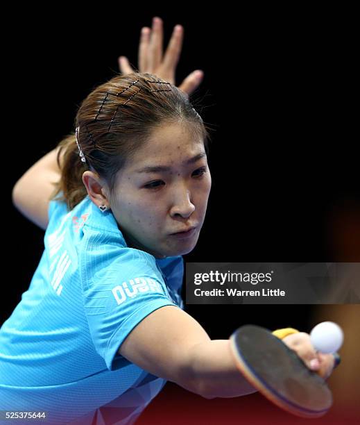 Liu Shiwen of China in action against Tie Yana of Hong Kong during day one of the Nakheel Table Tennis Asian Cup 2016 at Dubai World Trade Centre on...