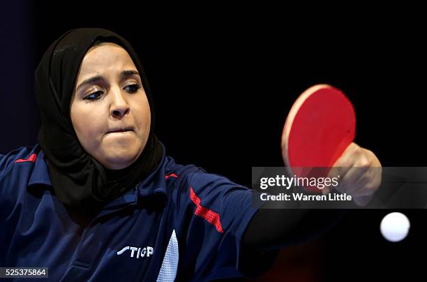 Majd Alblooshi of United Arab Emirates in action against Manika Batra of India during day one of the Nakheel Table Tennis Asian Cup 2016 at Dubai...