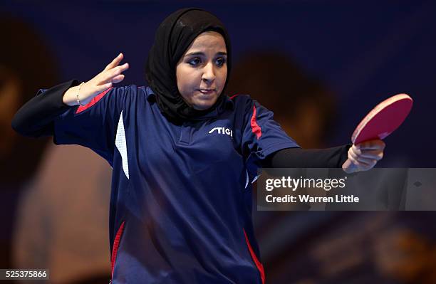 Majd Alblooshi of United Arab Emirates in action against Manika Batra of India during day one of the Nakheel Table Tennis Asian Cup 2016 at Dubai...