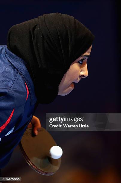 Majd Alblooshi of United Arab Emirates in action against Manika Batra of India during day one of the Nakheel Table Tennis Asian Cup 2016 at Dubai...