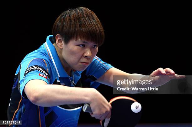 Chen Szu-Yu of Chinese Taipai in action against Feng Tianwei of Singapore during day one of the Nakheel Table Tennis Asian Cup 2016 at Dubai World...