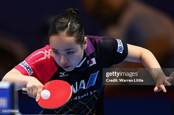 Mima Ito of Japan in action against Jiang Huajun of Hong Kong during day one of the Nakheel Table Tennis Asian Cup 2016 at Dubai World Trade Centre...