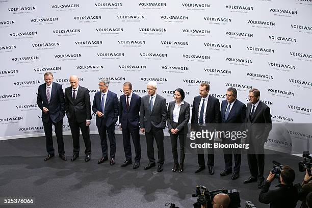 Left to right, Andreas Renschler, chairman of MAN SE, Frank Witter, chief financial officer of Volkswagen AG, Rupert Stadler, chief executive officer...