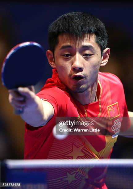 Zhang Jike of China in action against Lee Sangsu of Korea during day one of the Nakheel Table Tennis Asian Cup 2016 at Dubai World Trade Centre on...