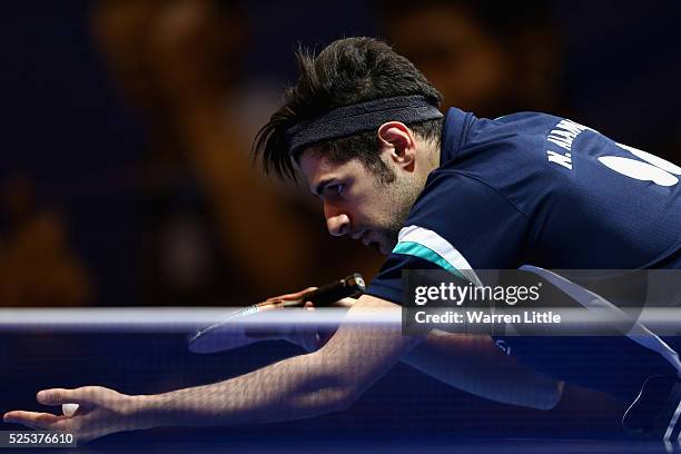 Nima Alamian of Iran in action against Abdulla Albalooshi of United Arab Emirates during day one of the Nakheel Table Tennis Asian Cup 2016 at Dubai...