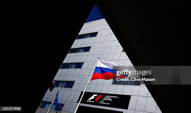 The Russian flag flies in the Paddock during previews ahead of the Formula One Grand Prix of Russia at Sochi Autodrom on April 28, 2016 in Sochi,...
