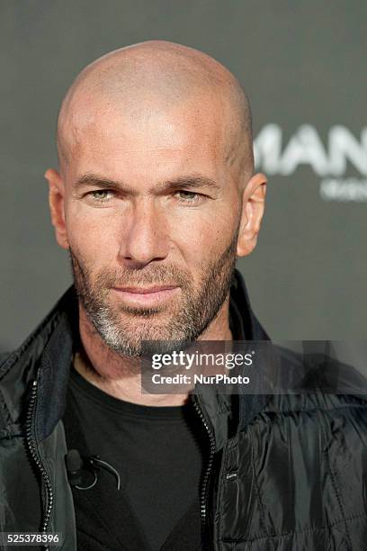 Football legend Zinedine Zidane is presented as the new face of Mango Man's spring-summer 2015 campaign at Camera Studio on January 19, 2015 in...