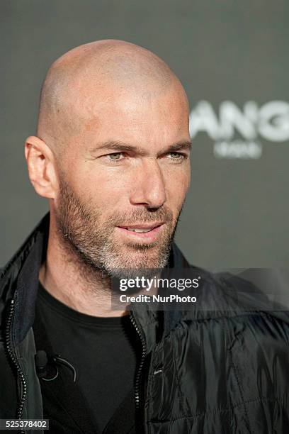 Football legend Zinedine Zidane is presented as the new face of Mango Man's spring-summer 2015 campaign at Camera Studio on January 19, 2015 in...