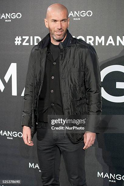 Football legend Zinedine Zidane is presented as the new face of Mango Man's spring-summer 2015 campaign at Camera Studio on January 19, 2015 in...