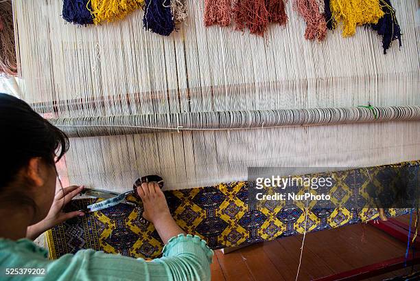 Woman weaves the silk carpet with Afghan royal pattern and 80 knots per centimetre at the Samarkand-Bukhara Silk Carpets workshop, Samarkand,...