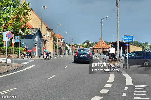 Denmark, Bornholm Island Pictures taken between 1st and 5th August 2014. Pictured: General view of Nexo city, bike line ahead the street