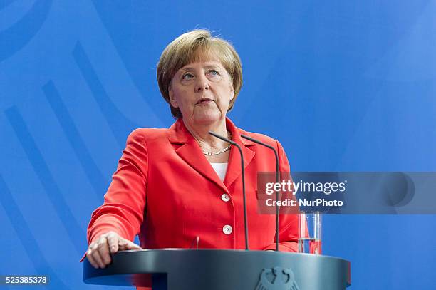 German Chancellor Angela Merkel and King Abdullah II of Jordan speak to the media following talks at the Chancellery on May 13, 2015 in Berlin,...