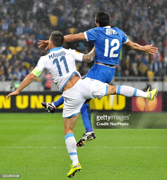 Christian Maggio Napoli and Leo Matos FC Dnipro in the fight for the ball during the second leg of the Europa League semi-final between FC Dnipro and...