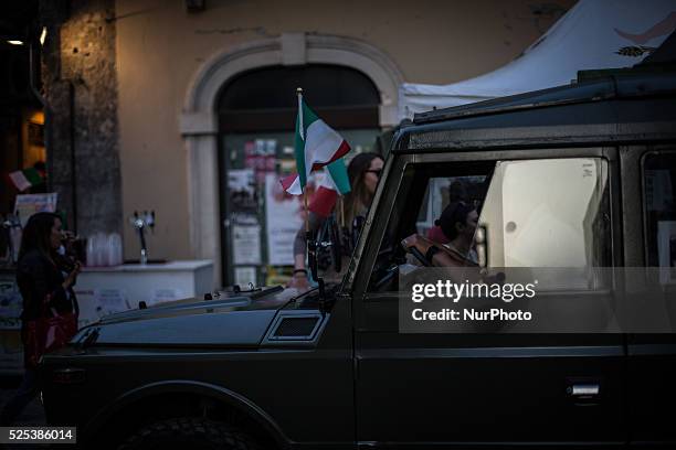 An Alpino driving a military vehicle during the 88th edition of the Alpini meeting, in L'Aquila, on May 14, 2015. The Alpini are an elite mountain...