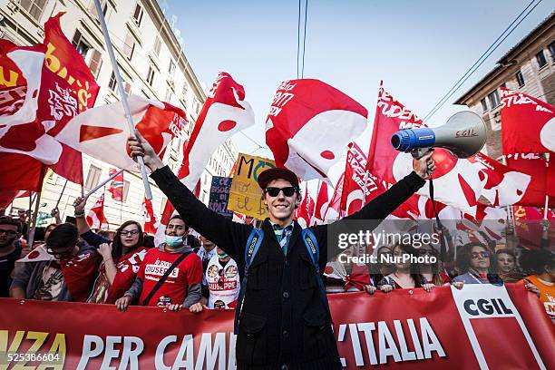Students take part in a demonstration organised by the Italian trade union CGIL to protest in Rome against the Italian government's plans to overhaul...