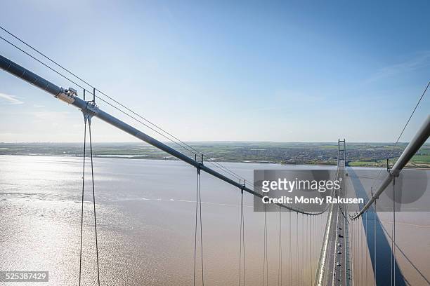 view from the top of suspension bridge. the humber bridge, uk was built in 1981 and at the time was the worlds largest single-span suspension bridge - humber bridge stock pictures, royalty-free photos & images