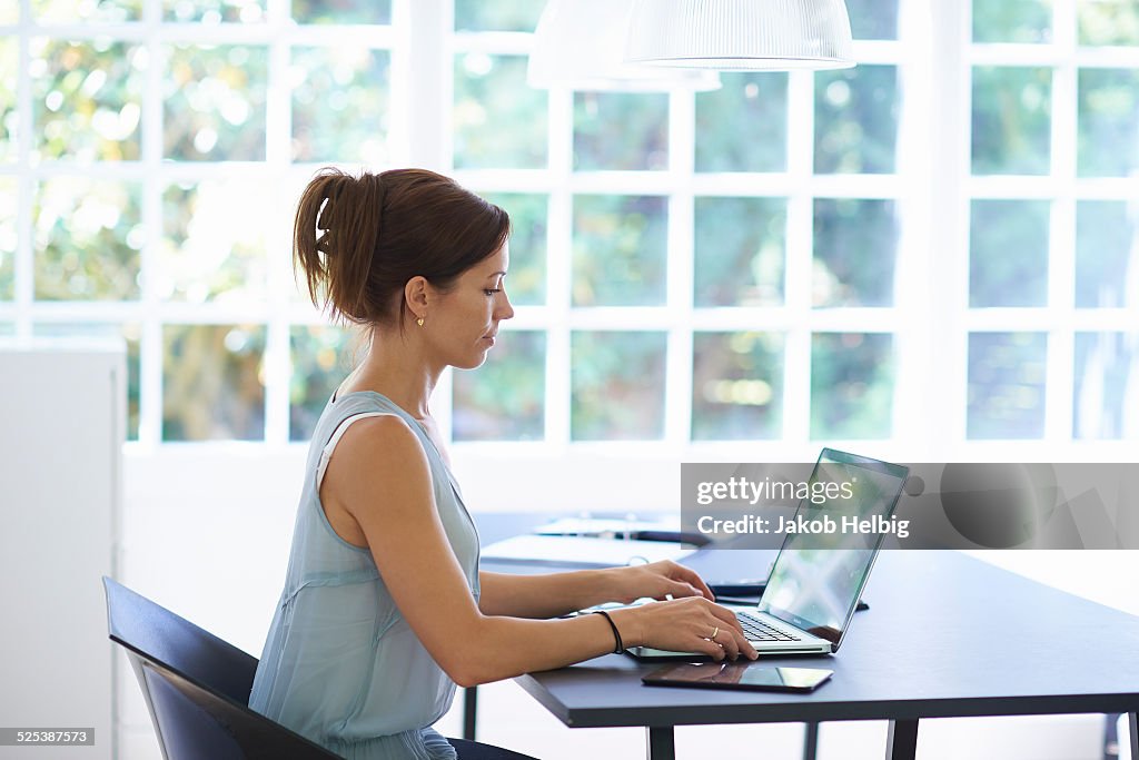 Mid adult woman working on laptop in dining room