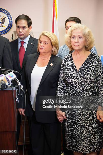 Sen. Marco Rubio, Rep. Ileana Ros-Lehtinen and Mirta Costa the mother of Carlos Costa, a pilot from a group called 'Brothers to the Rescue' who was...