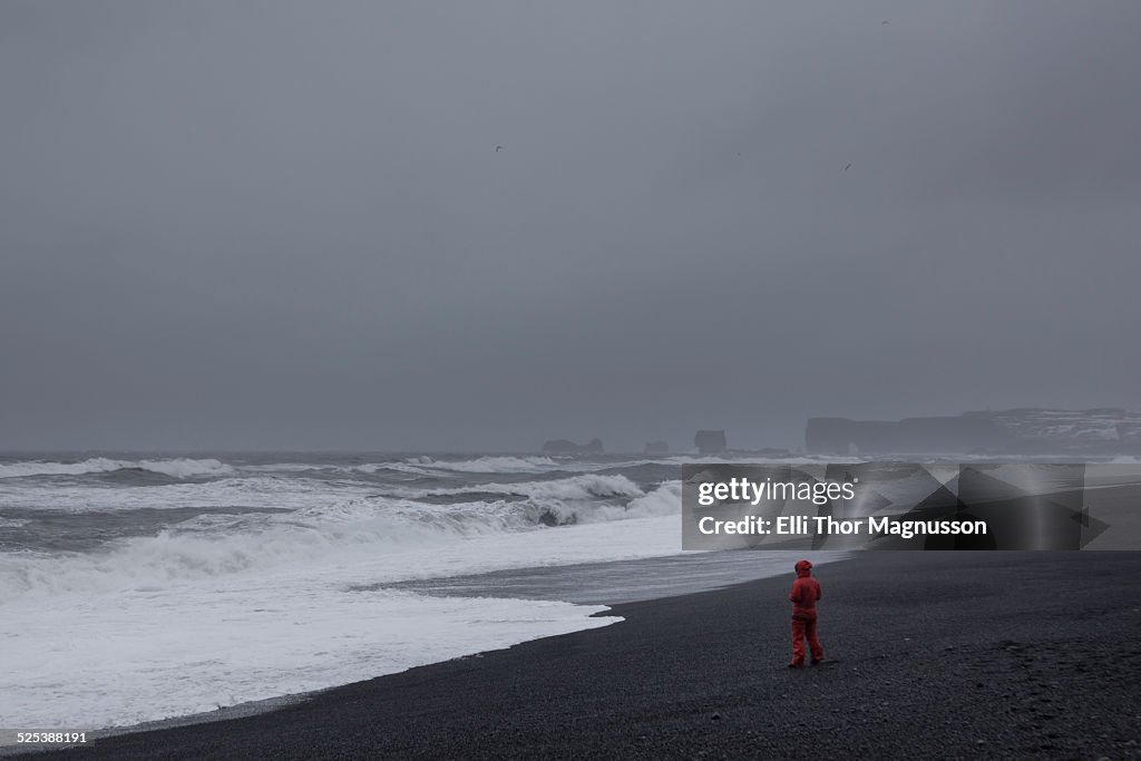 Man on beach, Vik, Iceland