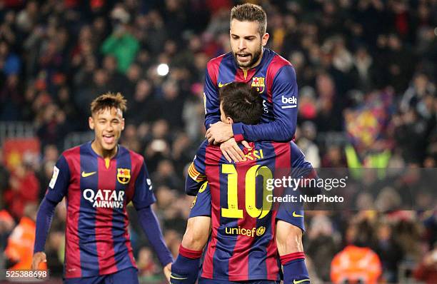 January- SPAIN: Leo Messi, Jordi Alba and Neymar Jr. Celebration in the match between FC Barcelona and Elche CF, for the first leg of the round of 16...