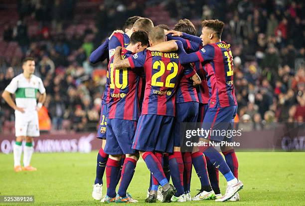 January- SPAIN: FC Barcelona players celebration in the match between FC Barcelona and Elche CF, for the first leg of the round of 16 of the spanish...