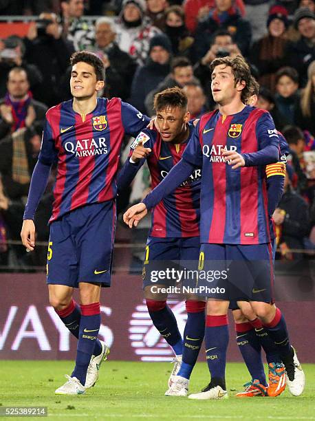 January- SPAIN: Bartra, Neymar Jr. And Sergi Roberto celebration in the match between FC Barcelona and Elche CF, for the first leg of the round of 16...