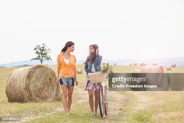 friends with bicycle walking on field, roznov, czech republic - girls with short skirts photos et images de collection