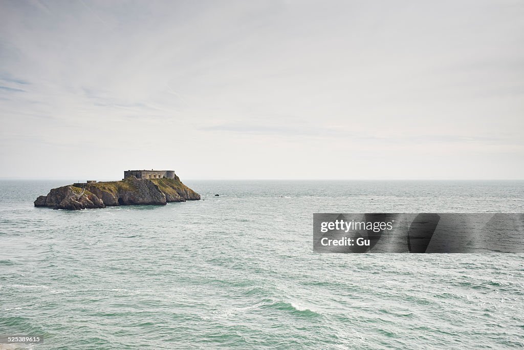 Distant view of St Catherines Island and fort, Tenby, Wales
